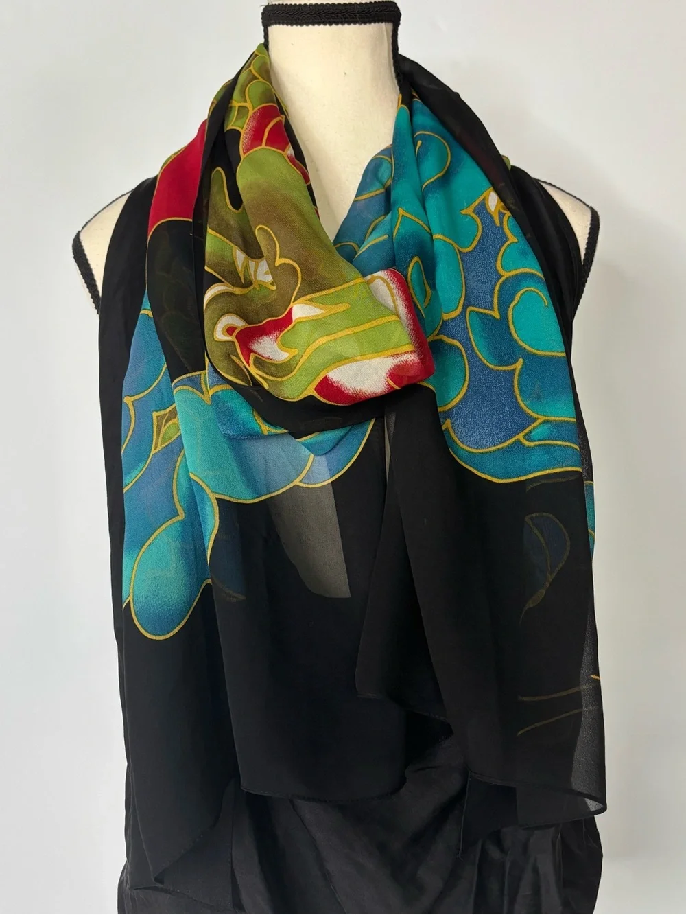 Dragon Motif East Asian Colorful‎ Hand Painted Lightweight Black Scarf 78”